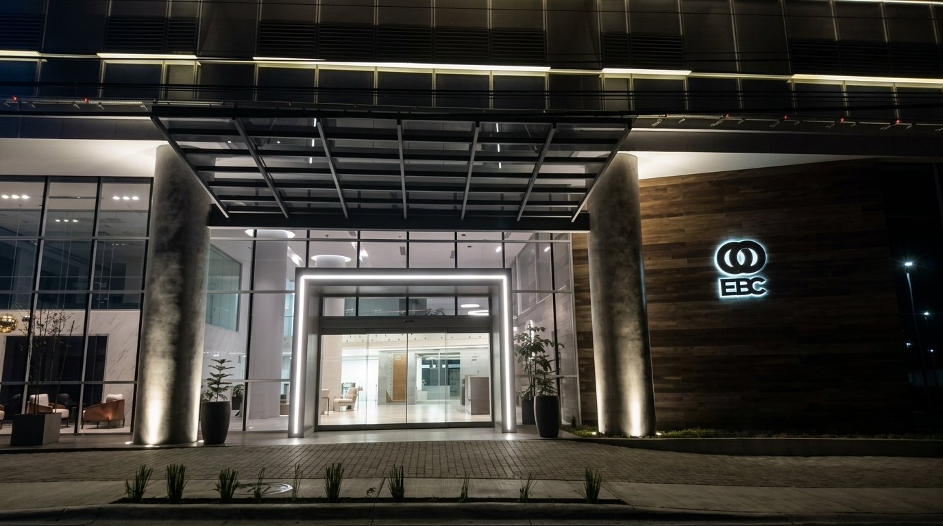High-performance LED wall washers highlighting commercial building facade