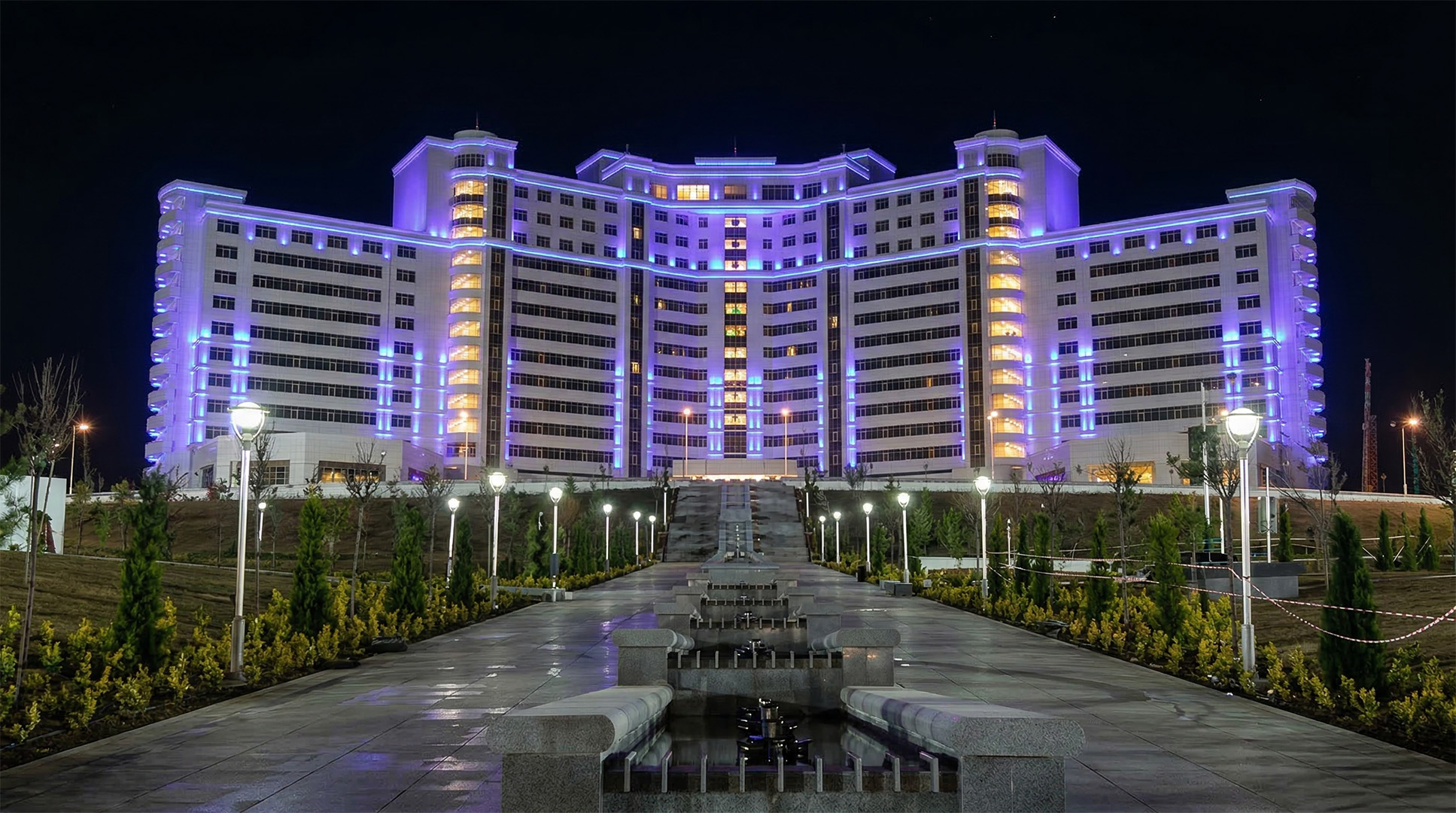 DMX512 controlled LED wall washers illuminating star-shaped building base in Ashgabat