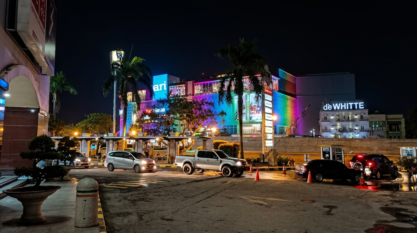 Architectural LED floodlights accentuating 3D geometric facade layers of the shopping mall
