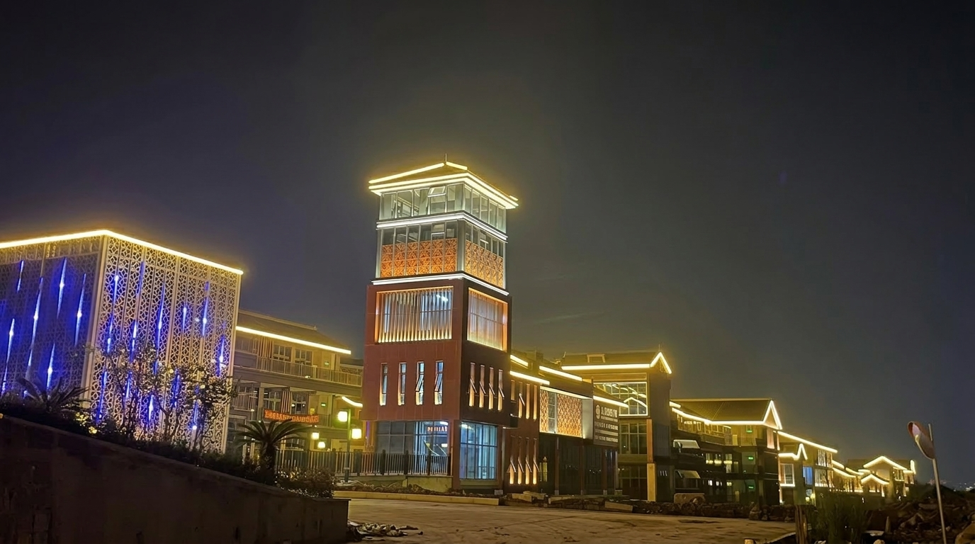 LED linear strip outlining traditional residential texture and modern roof ridges