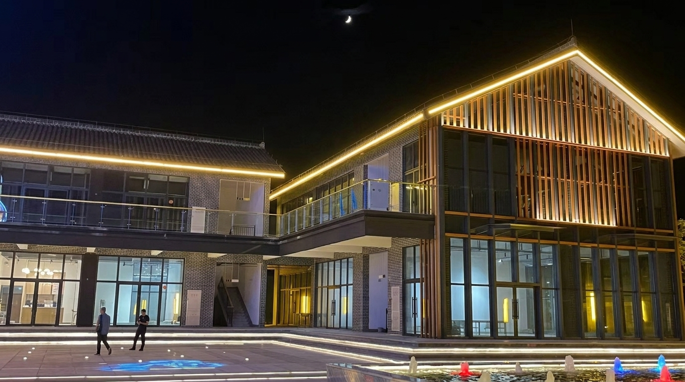 DMX512 controlled warm golden glow and cool blue architectural illumination