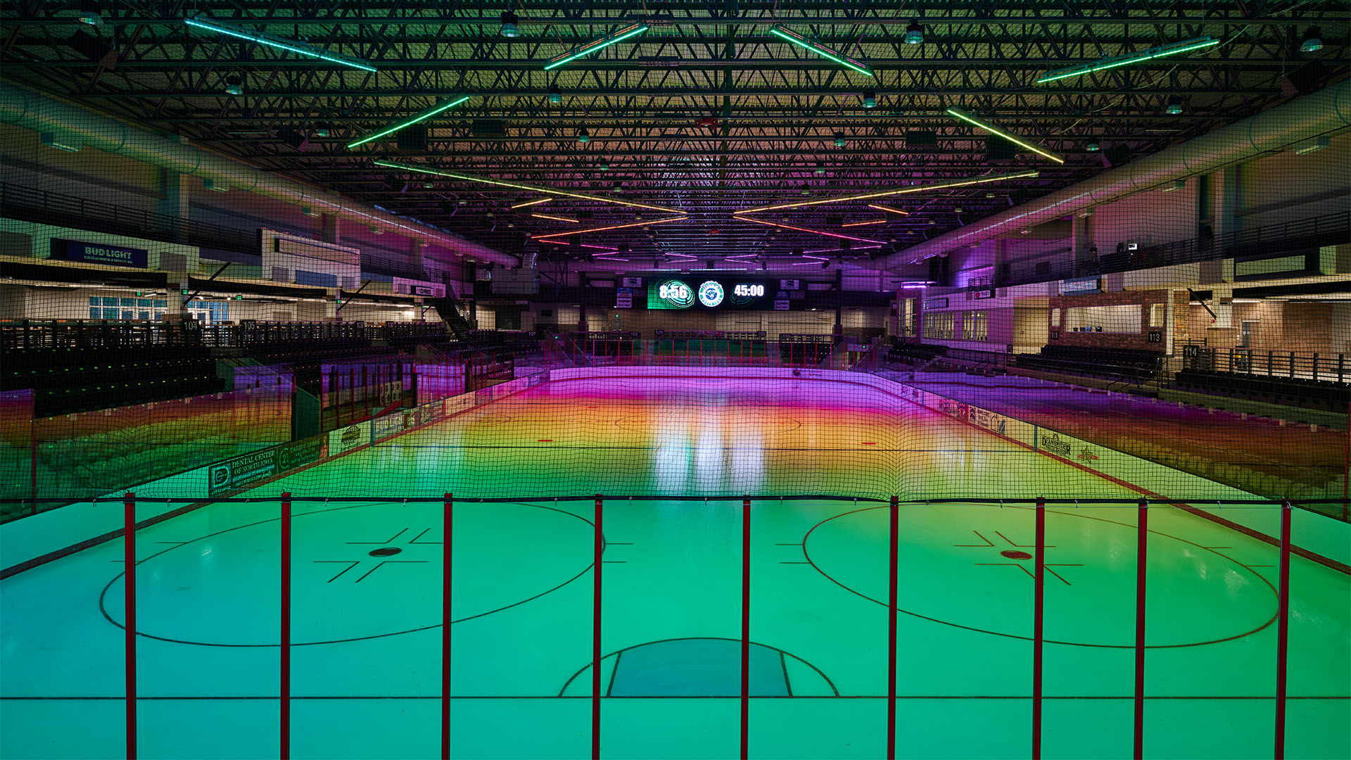Interior and exterior DMX controlled architectural lighting at Mason City Arena