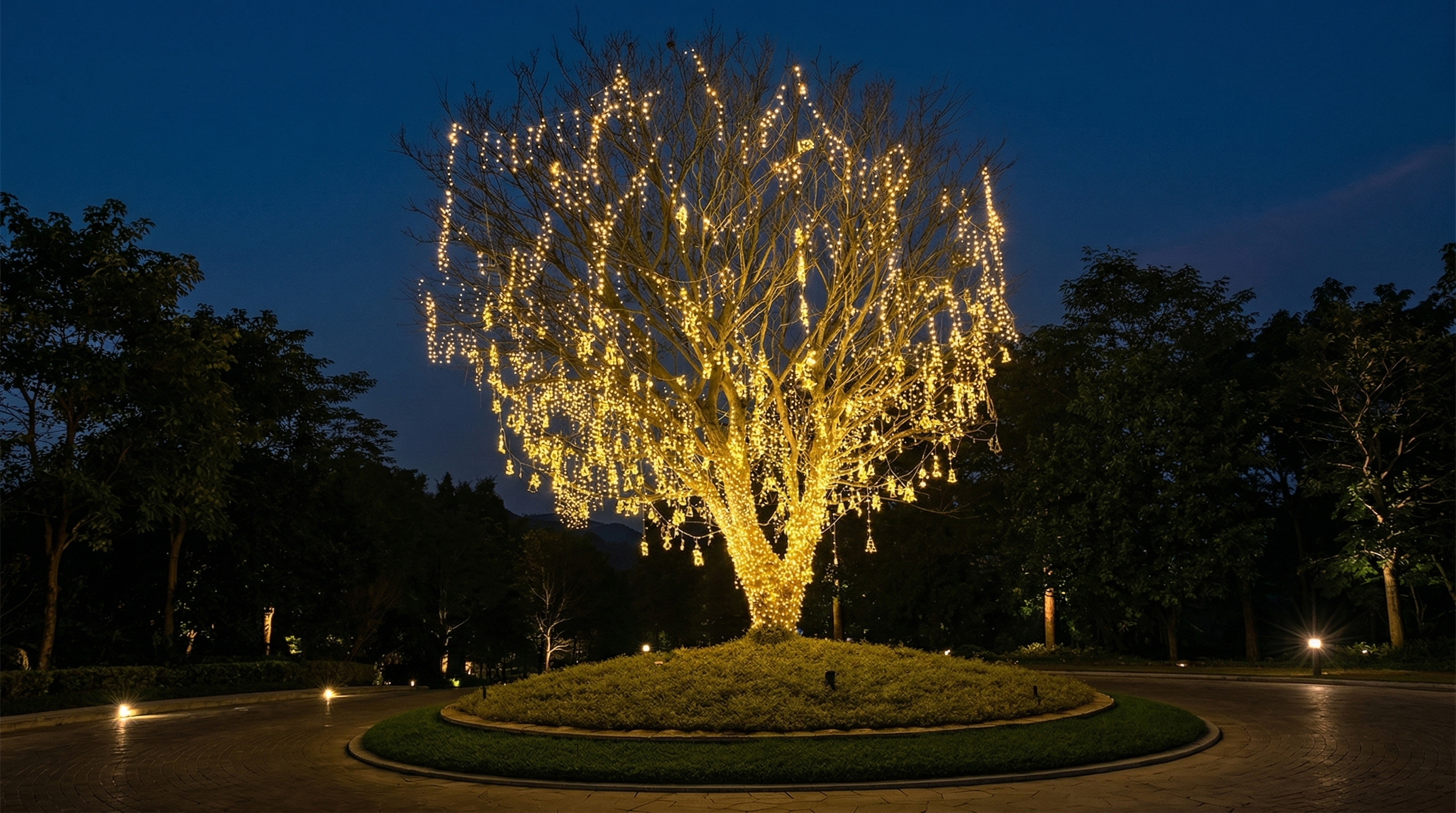 Outdoor LED buried lamps illuminating luxury hotel pathways and hedges