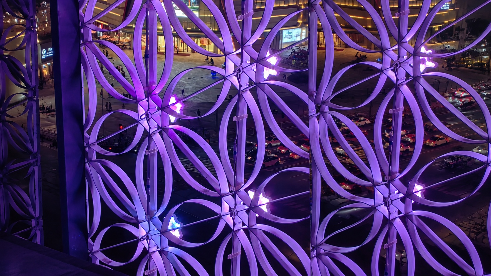 Haitang Building facade side view at night — full illumination active, DMX pixel programme running