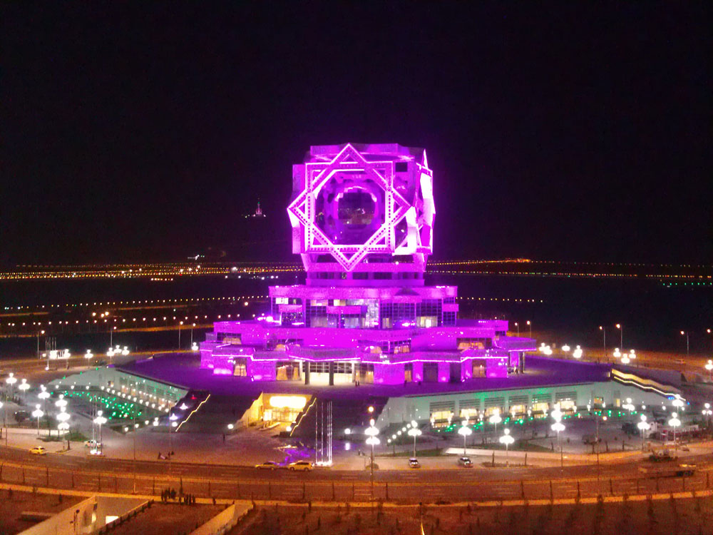 LED linear lights tracing vertical spire and sharp structural edges of Turkmenistan tower