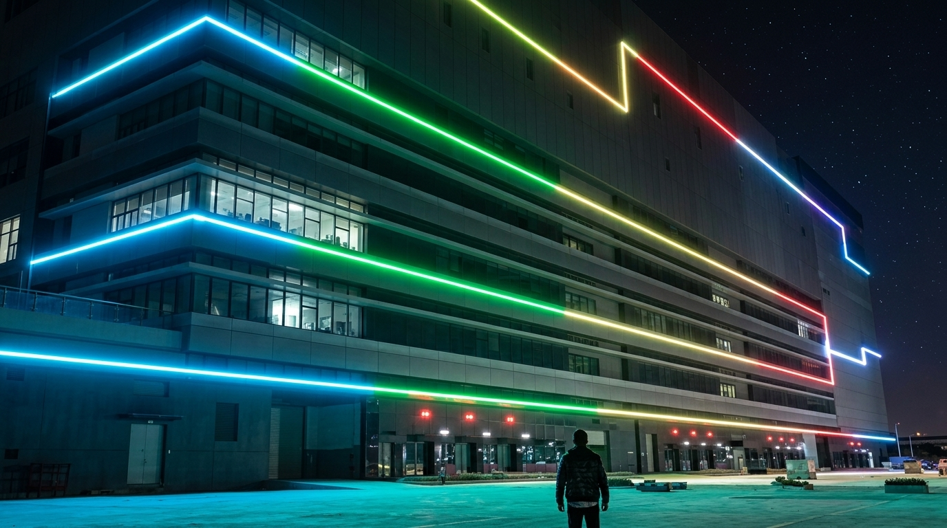 Vibrant LED linear and point illumination on industrial building exterior
